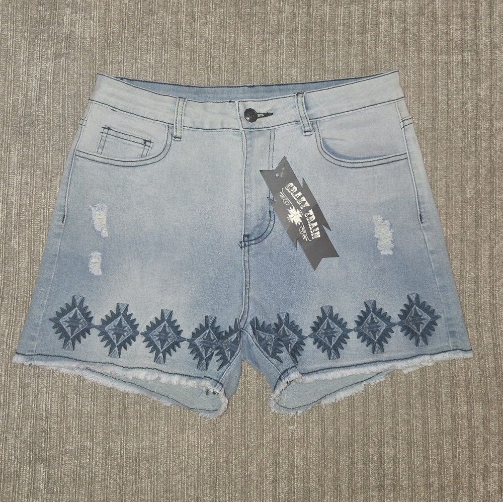 Crazy Train Light Blue Denim Shorts with Navy Embroidery